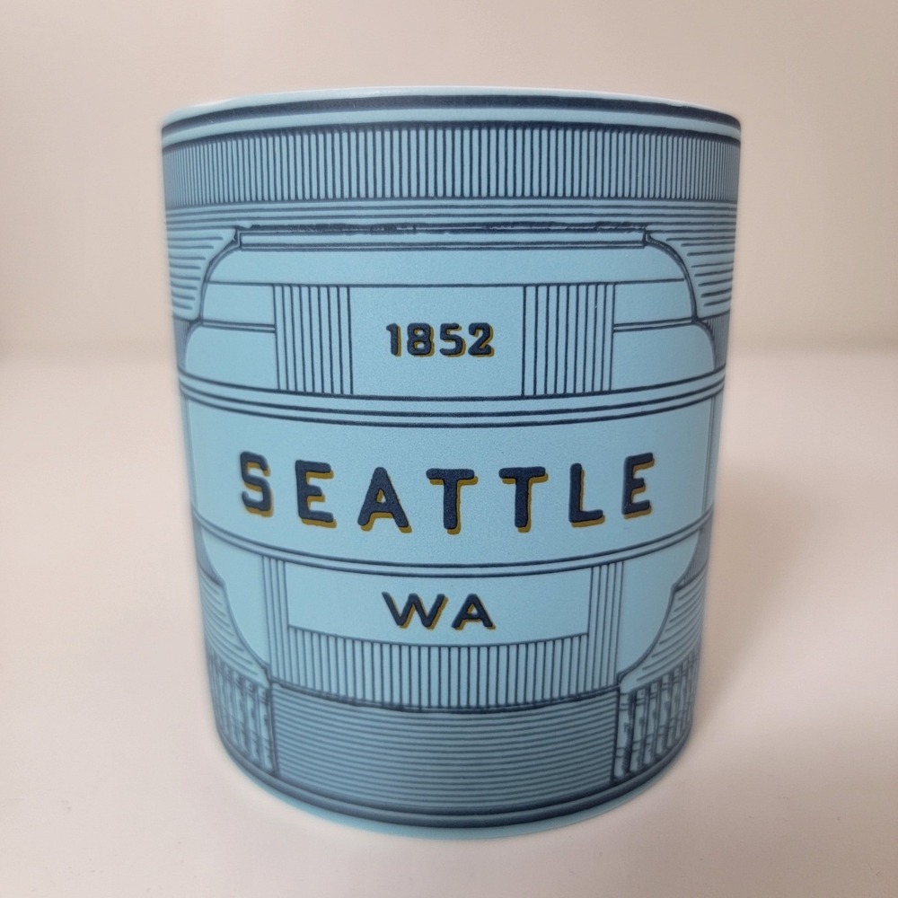 Peet's Coffee Seattle City Mug 12oz Blue NWOT Bicycle Octopus Graphic Souvenir